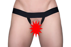 Black tartarus ring g-string thong featuring a red starburst graphic on the front designed for bold style