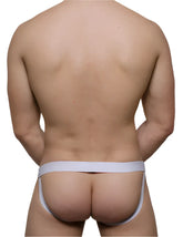 White cotton tartarus ring jock briefs with narrow waistband and side straps shown from the back side