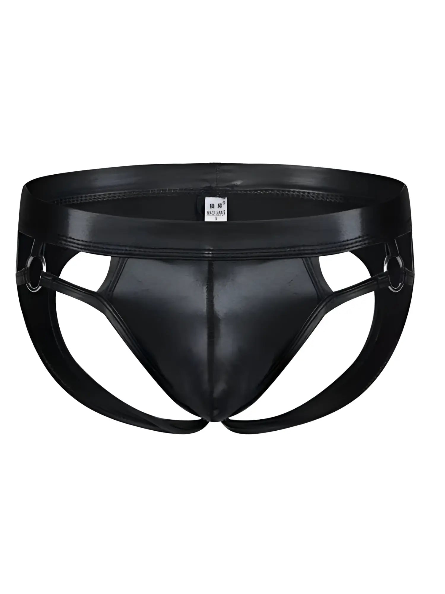 Tartarus ring jockstrap black patent leather briefs with glossy finish and reinforced side straps with metal rings