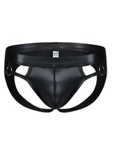 Tartarus ring jockstrap black patent leather briefs with glossy finish and reinforced side straps with metal rings