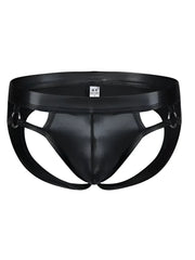 Tartarus ring jockstrap black patent leather briefs with glossy finish and reinforced side straps with metal rings