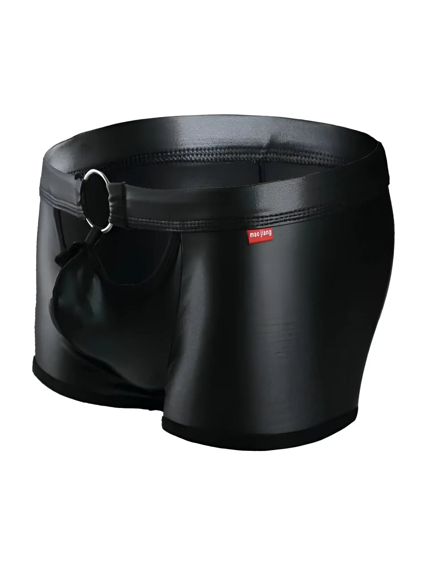 Black shiny faux leather men’s briefs tartarus ring trunk with silver ring detail on the waistband front view