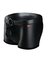 Black shiny faux leather men’s briefs tartarus ring trunk with silver ring detail on the waistband front view