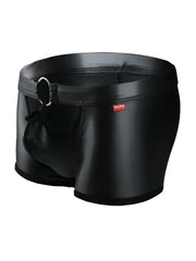 Black shiny faux leather men’s briefs tartarus ring trunk with silver ring detail on the waistband front view