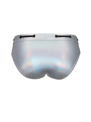 Silver holographic metallic brief swim trunks with black lace-up ties at the waist tartarus side track