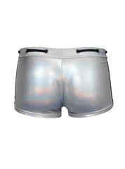 Shiny silver holographic shorts with black side stripes and drawstring waistband tartarus side track metallic trunk