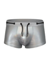 Silver metallic swim trunks with black drawstrings and a sleek shiny finish tartarus side track metallic trunk