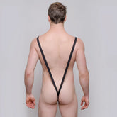 Black mesh strappy backless briefs showing the back of the Tartarus sling shot body thong with rings