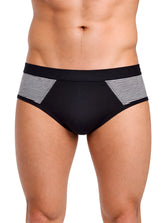 Black cotton tartarus striped briefs with contrasting gray and white striped side panels for comfortable wear