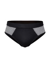 Black cotton tartarus striped brief swim trunks with white and gray side panels for casual swimwear use