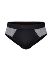 Black cotton tartarus striped brief swim trunks with white and gray side panels for casual swimwear use