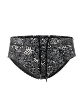 Black tartarus swim brief with white floral bird pattern and drawstring waistband for swimming and beachwear