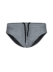 Gray heathered tartarus swim brief with black drawstrings and contrasting black inner lining for swimming use