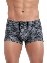 Tartarus swim trunk featuring black and gray floral pattern with drawstring waistband for comfortable fit