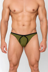 Olive green and black athletic briefs with a distinctive cutout design shown from the back in tartarus tear drop thong style