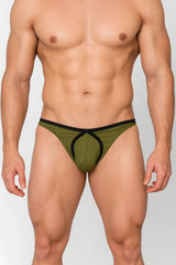 Olive green and black athletic briefs with a distinctive cutout design shown from the back in tartarus tear drop thong style