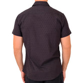 Black short-sleeved button-down shirt with subtle dot pattern perfect for casual and smart casual wear