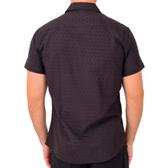 Black short-sleeved button-down shirt with subtle dot pattern perfect for casual and smart casual wear