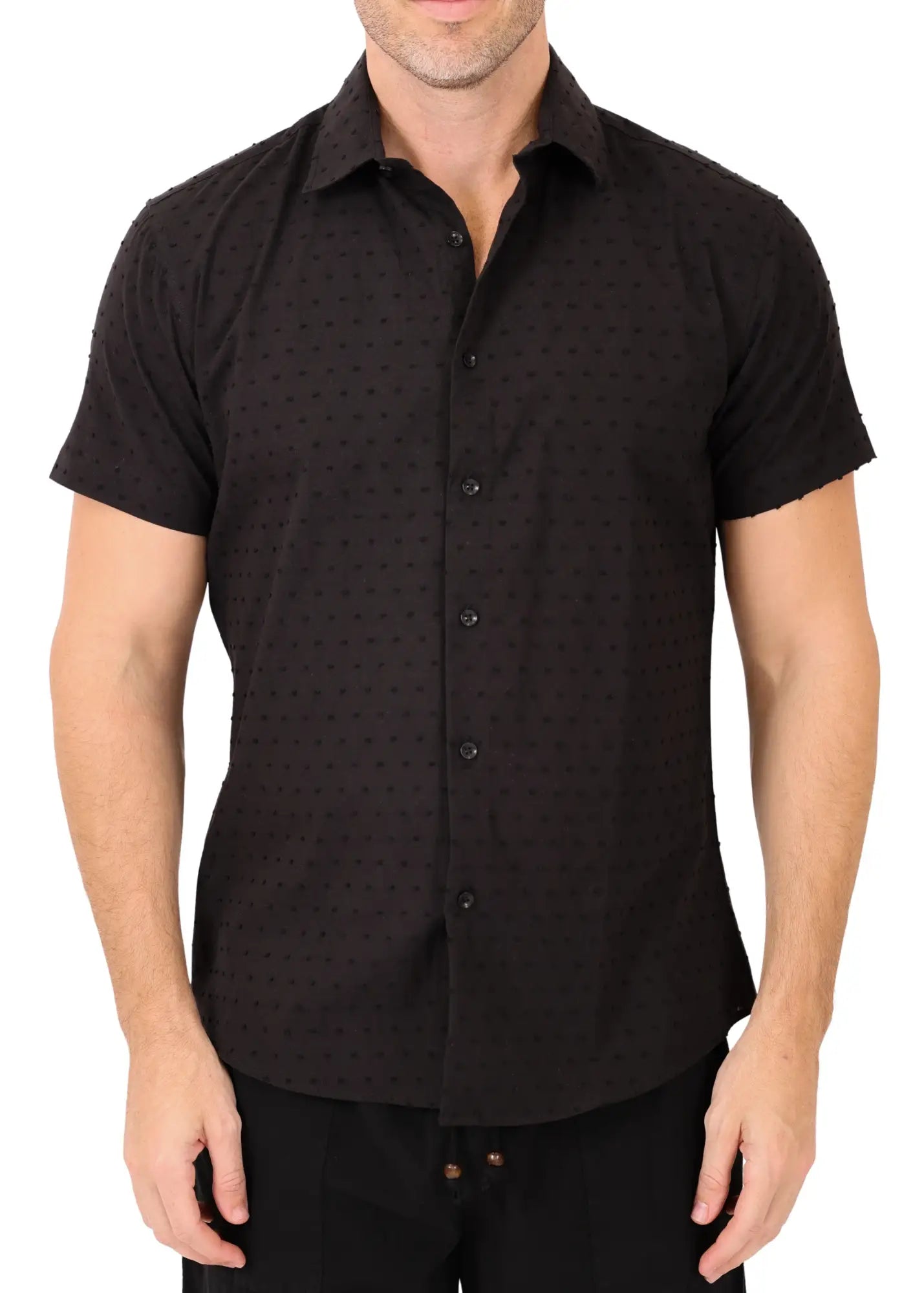 Black short-sleeved button-up shirt with subtle dotted texture perfect for casual and smart casual wear