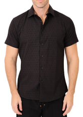 Black short-sleeved button-up shirt with subtle dotted texture perfect for casual and smart casual wear