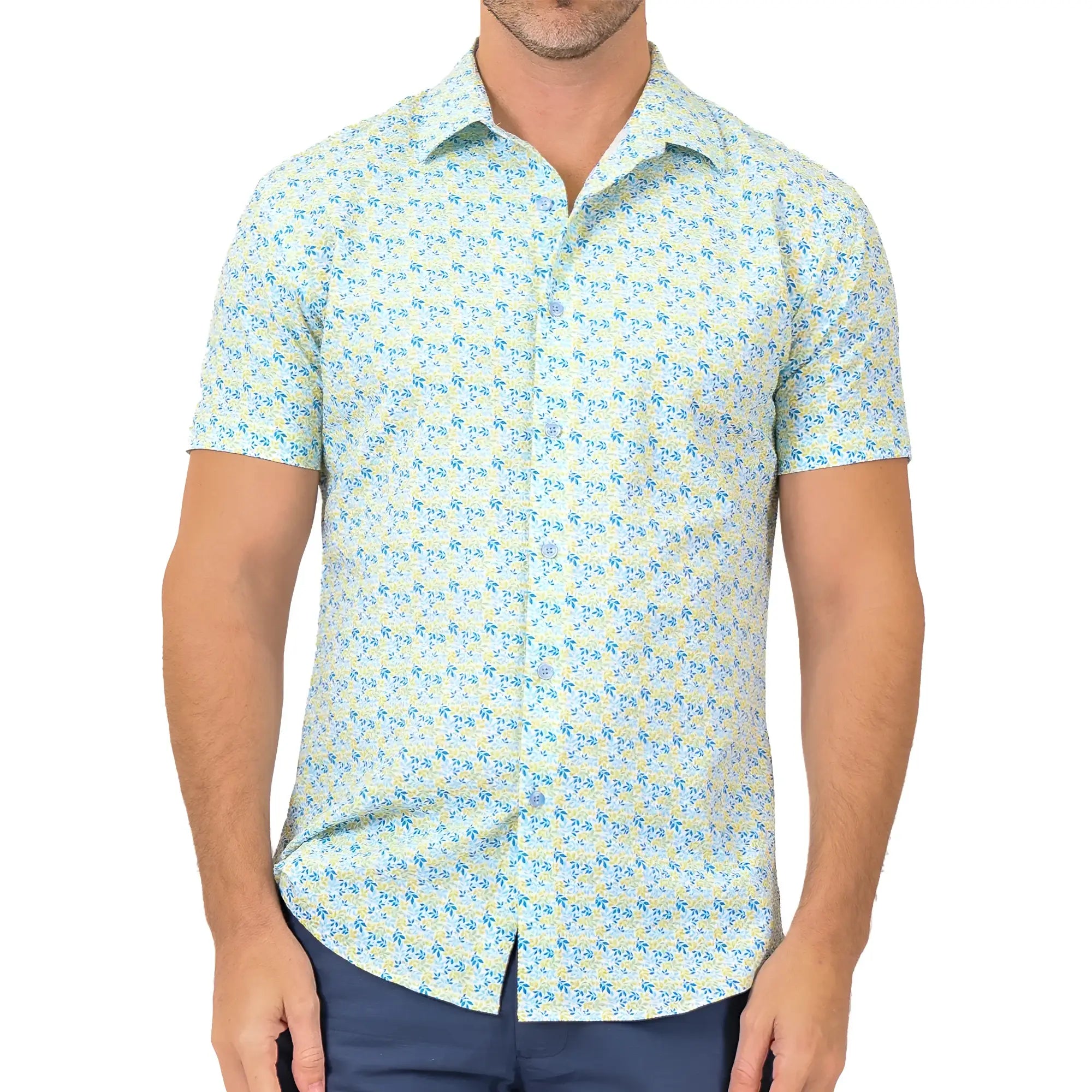 A light blue and pale yellow short-sleeved button-up shirt with a subtle repeating floral pattern for casual wear