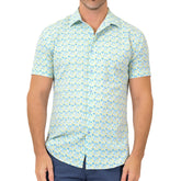 A light blue and pale yellow short-sleeved button-up shirt with a subtle repeating floral pattern for casual wear