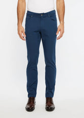 Navy blue slim-fit textured 5 pocket stretch woven jeans with classic five-pocket design and button closure