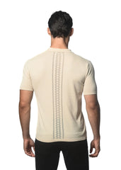 Beige short-sleeved cotton knit polo shirt back with vertical geometric pattern textured button front design