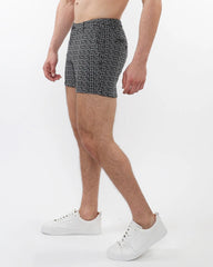 Black and gray geometric patterned men’s boxer briefs with snug fit featured with textured jacquard stretch knit chino shorts