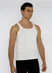 A white ribbed knit tank top with a scoop neckline and wide shoulder straps in textured knit fabric