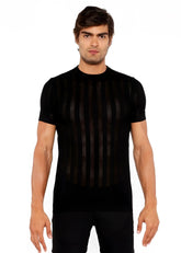 Black short-sleeved knit crew tee with vertical ribbed texture across the front for a textured open knit look