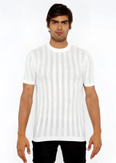 White textured open knit crew tee with subtle vertical ribbed stripes and short sleeves in soft breathable fabric