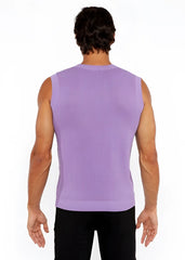 A lavender ribbed knit sleeveless textured open knit vest with a crew neckline perfect for layering
