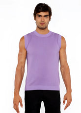 A lavender ribbed knit sleeveless textured open knit vest with a round neckline perfect for layering
