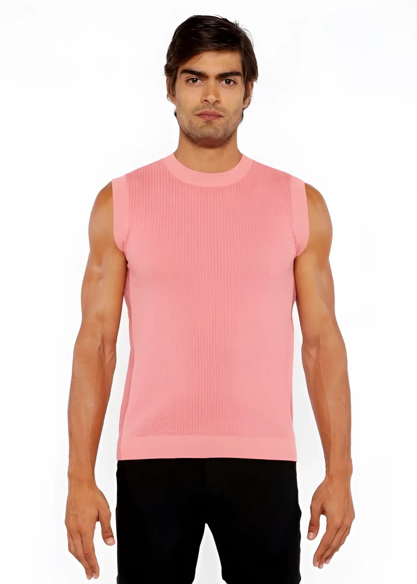 Textured open knit vest pink ribbed knit sleeveless top with round neckline and neatly finished hem