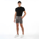 Gray textured stretch knit chino shorts with classic fit and button closure for casual wear
