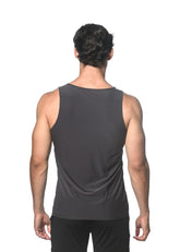 Dark gray textured stretch mesh performance tank top with smooth form fitting fabric for active wear