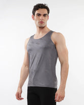 Gray textured stretch mesh performance tank top with subtle geometric pattern for athletic use