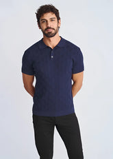 Navy blue textured stripes silk tencel polo shirt with knit fabric for comfortable casual wear