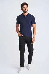 Navy blue short-sleeved textured stripes silk and tencel polo shirt with classic collar and buttoned placket