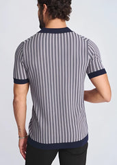 Navy and gray vertically striped short-sleeve polo shirt with ribbed collar made of silk and tencel