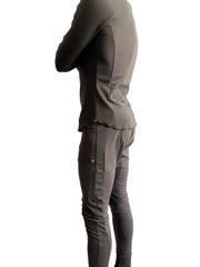 Thermal v-neck long sleeve army green two-piece set with fitted top and slim-fit pants in charcoal gray with seam details