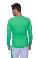 Thermal v-neck long sleeve bright green ribbed bamboo athletic shirt with raglan sleeves for cold weather use