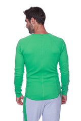 Thermal v-neck long sleeve bright green ribbed bamboo athletic shirt with raglan sleeves for cold weather use
