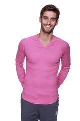 A vibrant berry pink thermal v-neck long sleeve shirt with ribbed texture and subtle seam detailing