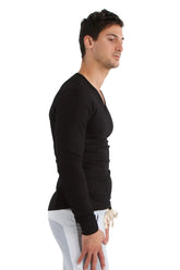 Black thermal v-neck long sleeve shirt with fitted silhouette and ribbed cuffs made of warm fabric