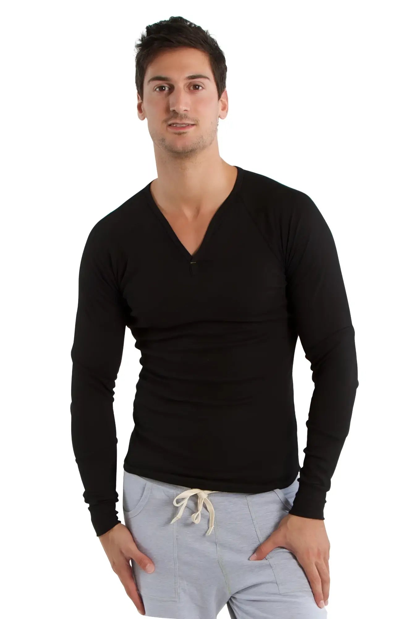Black thermal v-neck long sleeve shirt with fitted silhouette and subtle ribbed texture for layering