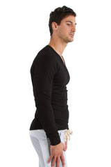Black thermal v-neck long sleeve shirt with fitted silhouette and ribbed cuffs made of warm fabric
