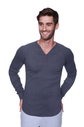 Dark gray thermal v-neck long sleeve shirt with subtle textured knit pattern for warmth and comfort