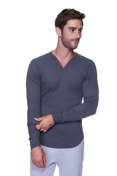 A dark heather gray thermal v-neck long sleeve henley shirt with subtle textured fabric and ribbed cuffs